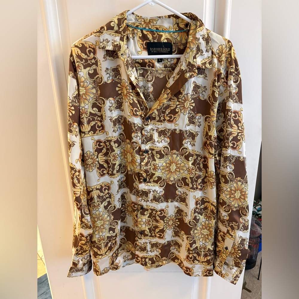 Baroque Gold by Drill Clothing Co. brown and gold patterned silky shirt